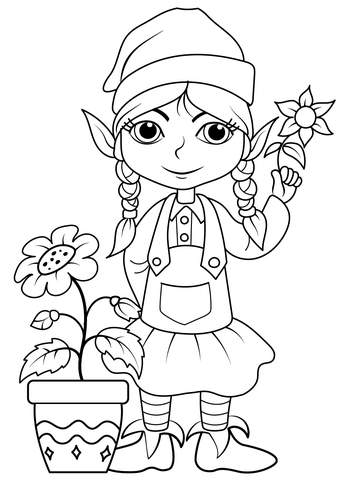 Elf Girl With Flower Coloring Page